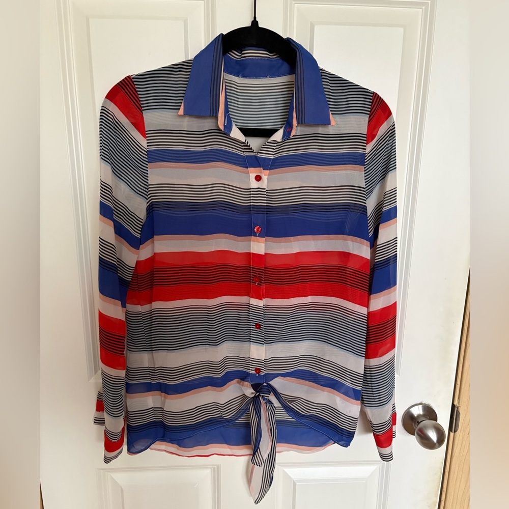 Striped Tie-Front Blouse in Red, Blue, White